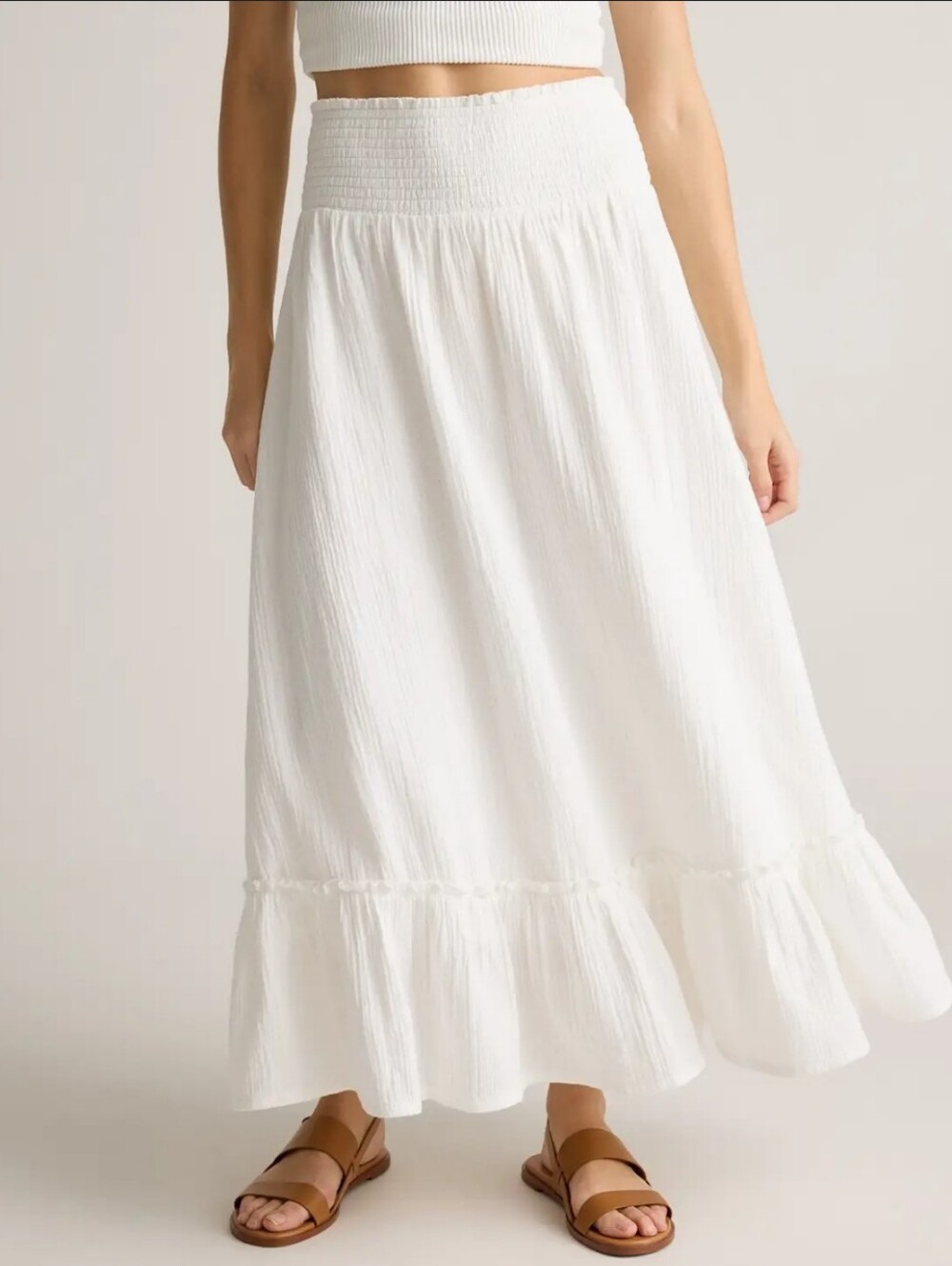 Quince Women's 100% Organic Cotton Gauze Smocked Maxi Skirt, Medium, White
